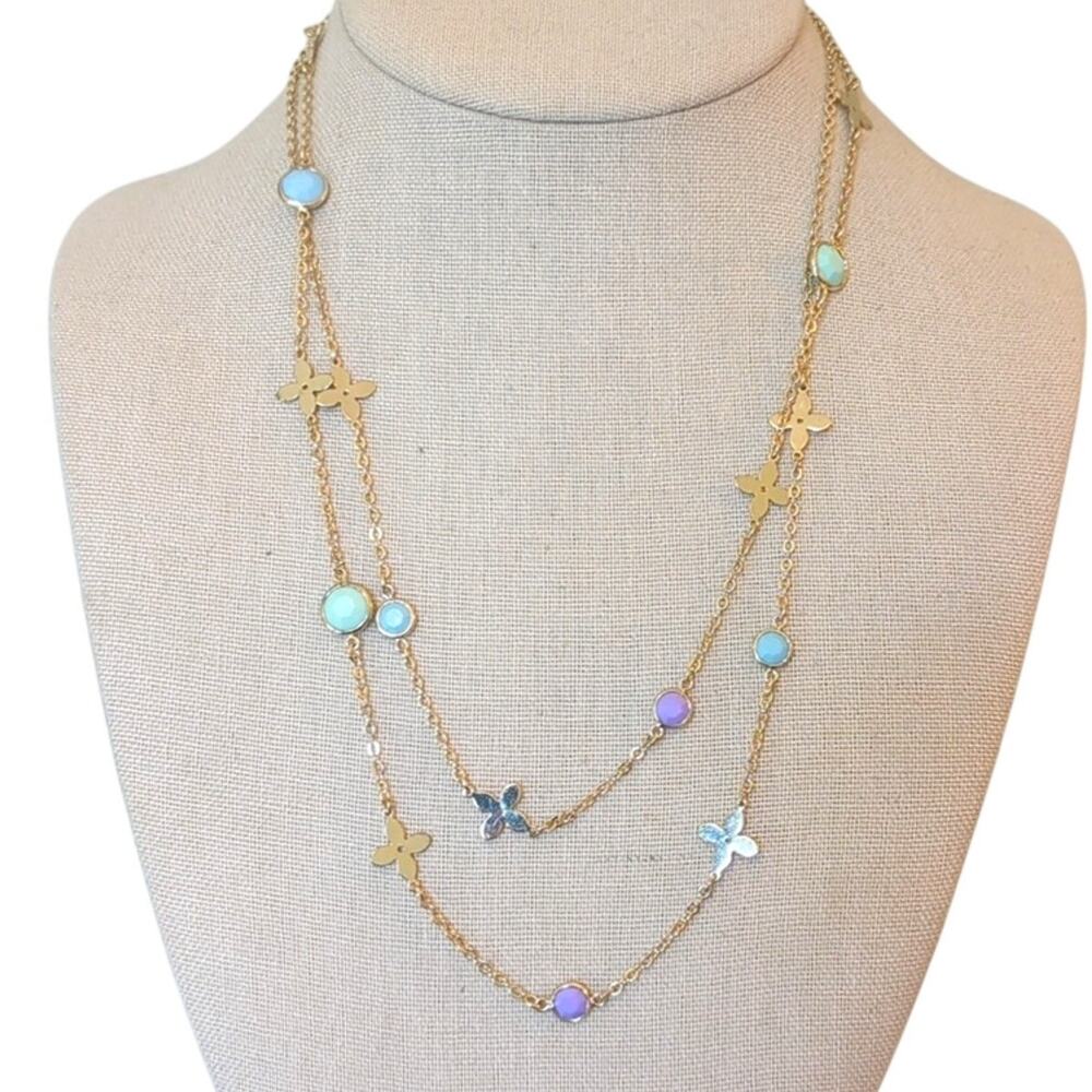 Charming Charlie Gold Tone Chain W/ Bezel Set Pastel Beads & Quatrefoil Stations